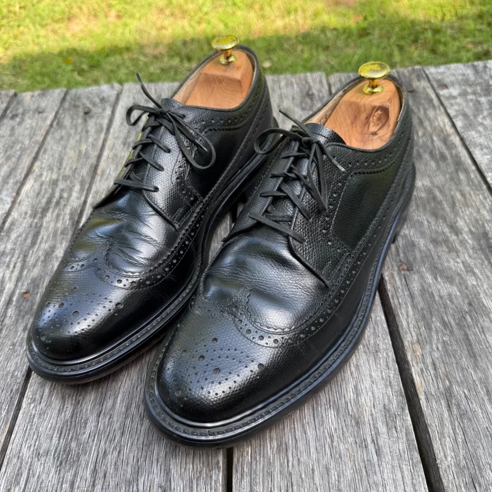 VTG Sears Mens Black Leather Longwing Brogue Derby Shoes 11 D 74608-672 Wingtip